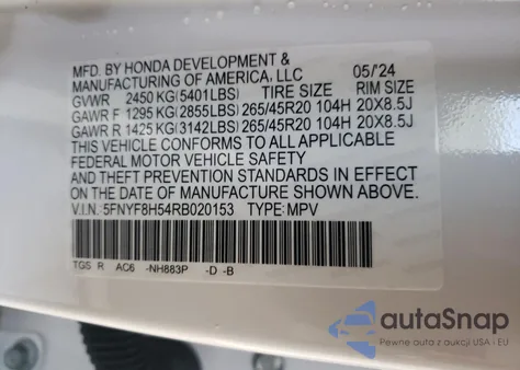 2024 Honda Passport Exl из США, поврежденный, VIN 5FNYF8H54RB020153